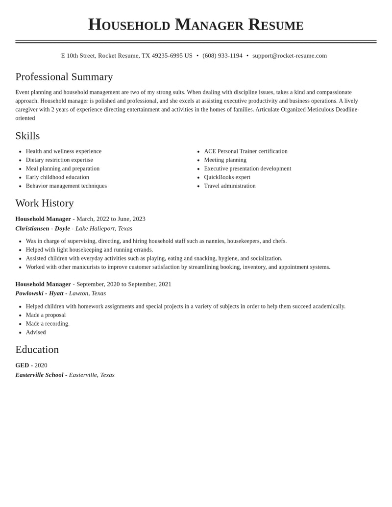 household manager misc resume classic template 1 cla