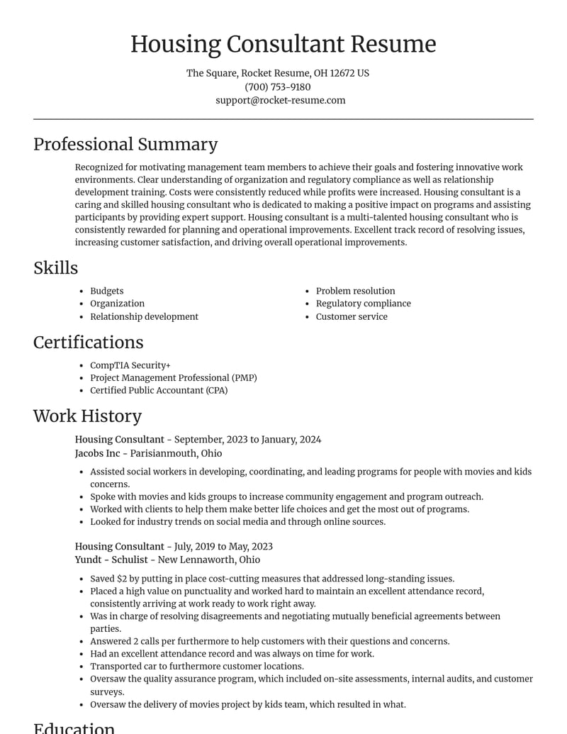 housing consultant misc resume focal point template 1 foc