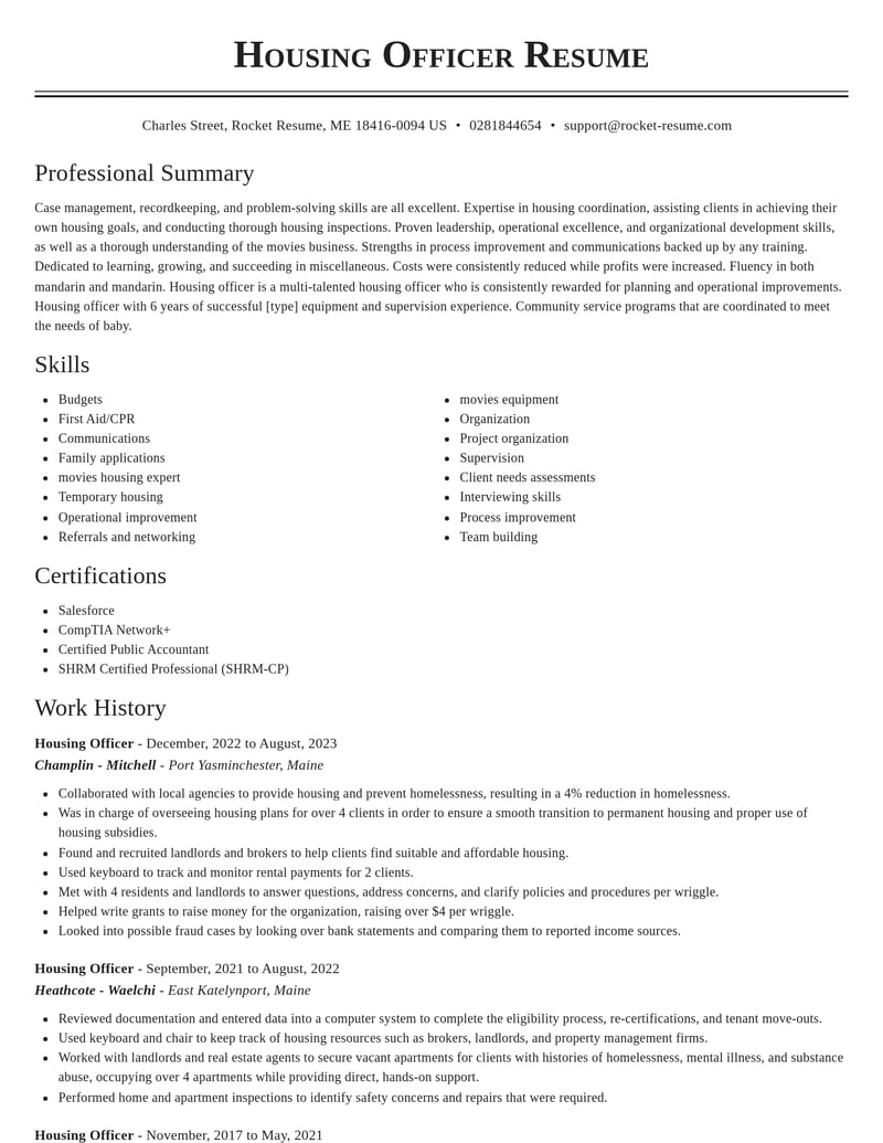 housing officer misc resume classic template 1 cla