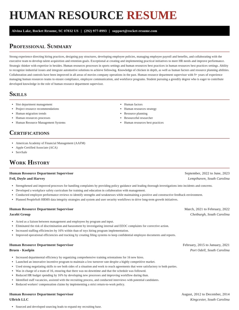 human resource department supervisor misc resume exquisite template 2 exq