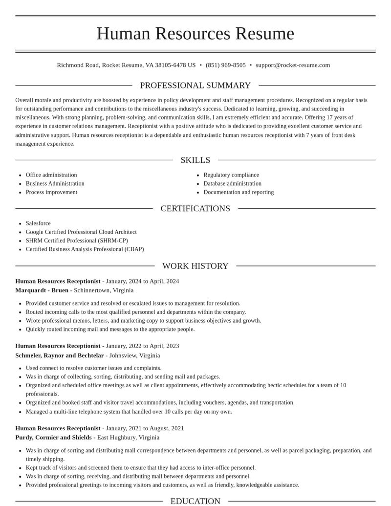 human resources receptionist misc resume elegant template 1 ele