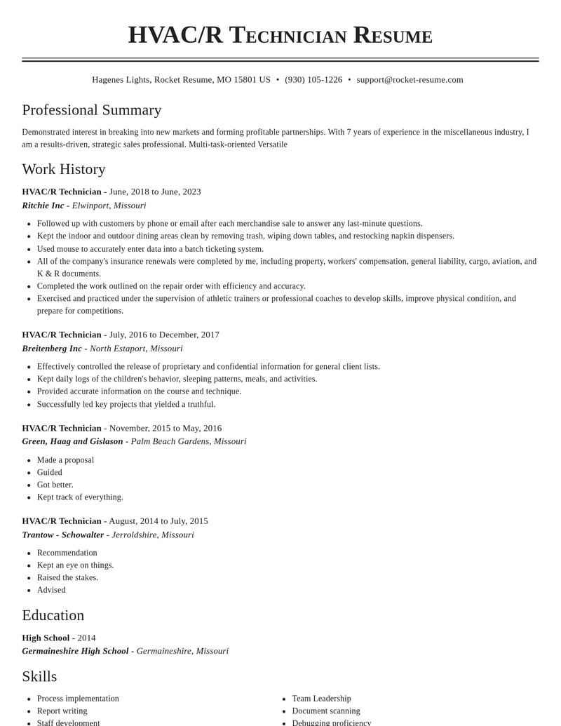 hvac r technician misc resume classic template 0 cla