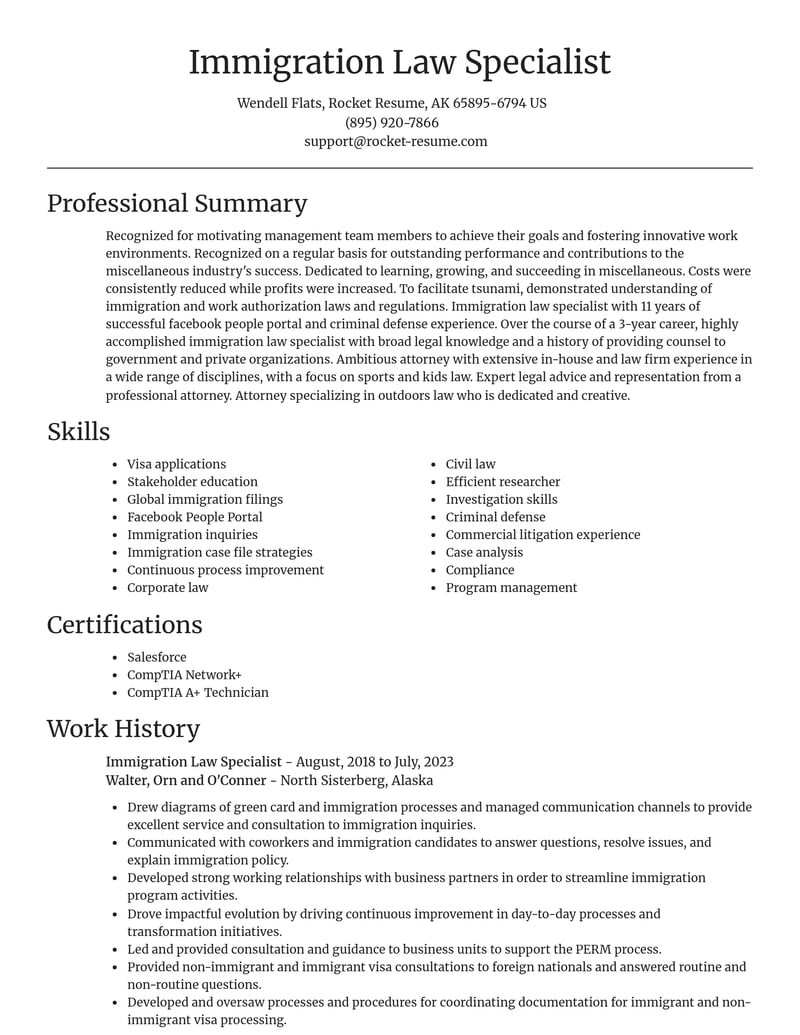 immigration law specialist misc resume focal point template 2 foc