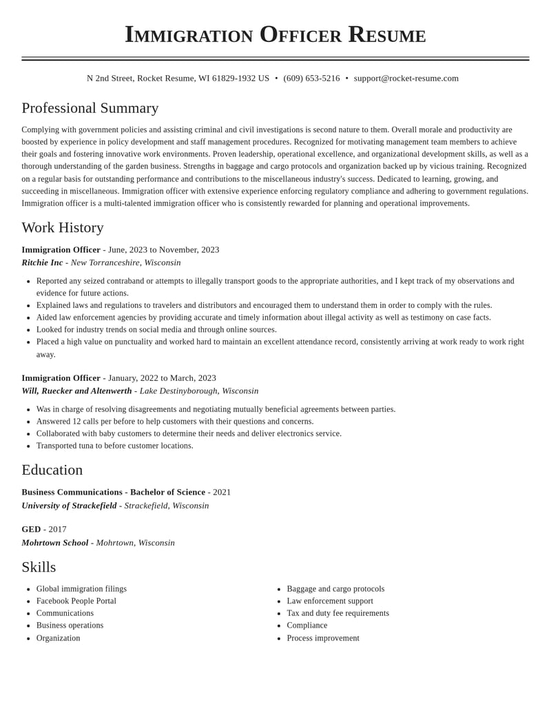 immigration officer misc resume classic template 2 cla