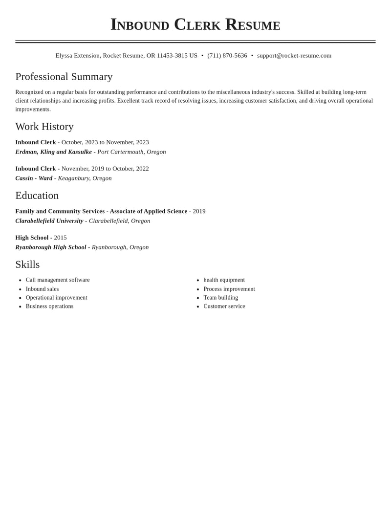 inbound clerk misc resume classic template 1 cla