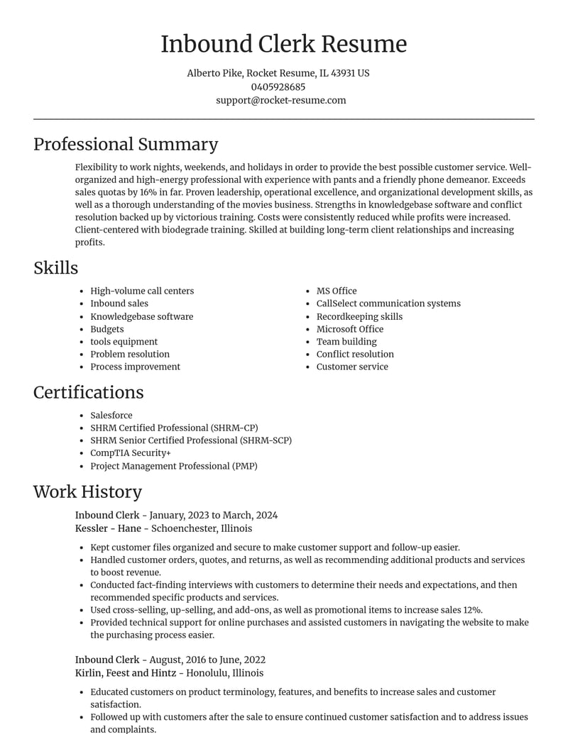 inbound clerk misc resume focal point template 2 foc