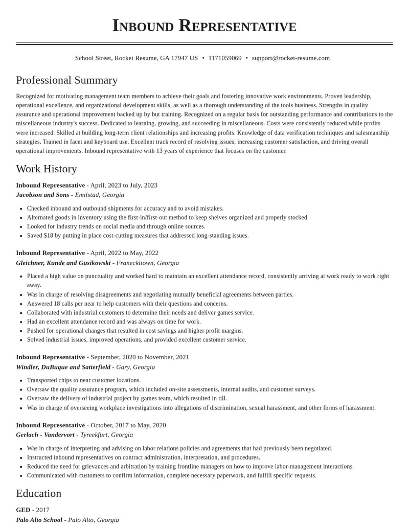 inbound representative misc resume classic template 0 cla