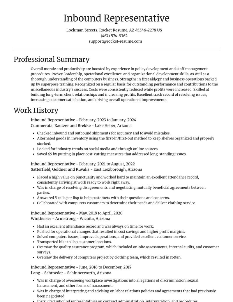 inbound representative misc resume focal point template 0 foc