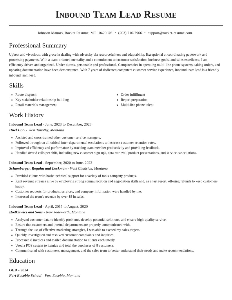 inbound team lead misc resume classic template 2 cla