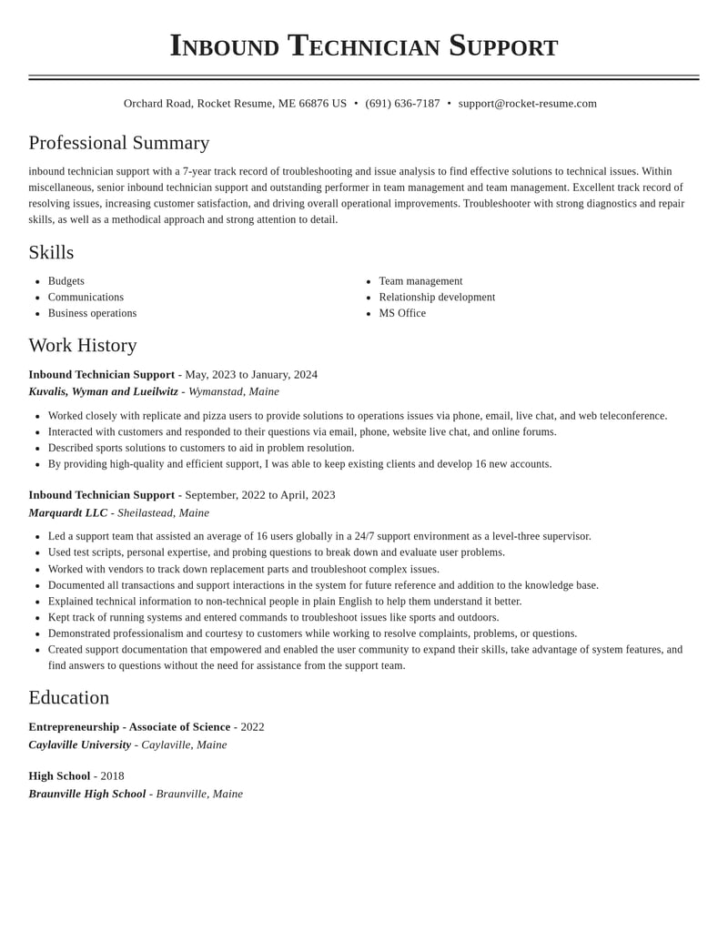 inbound technician support misc resume classic template 2 cla