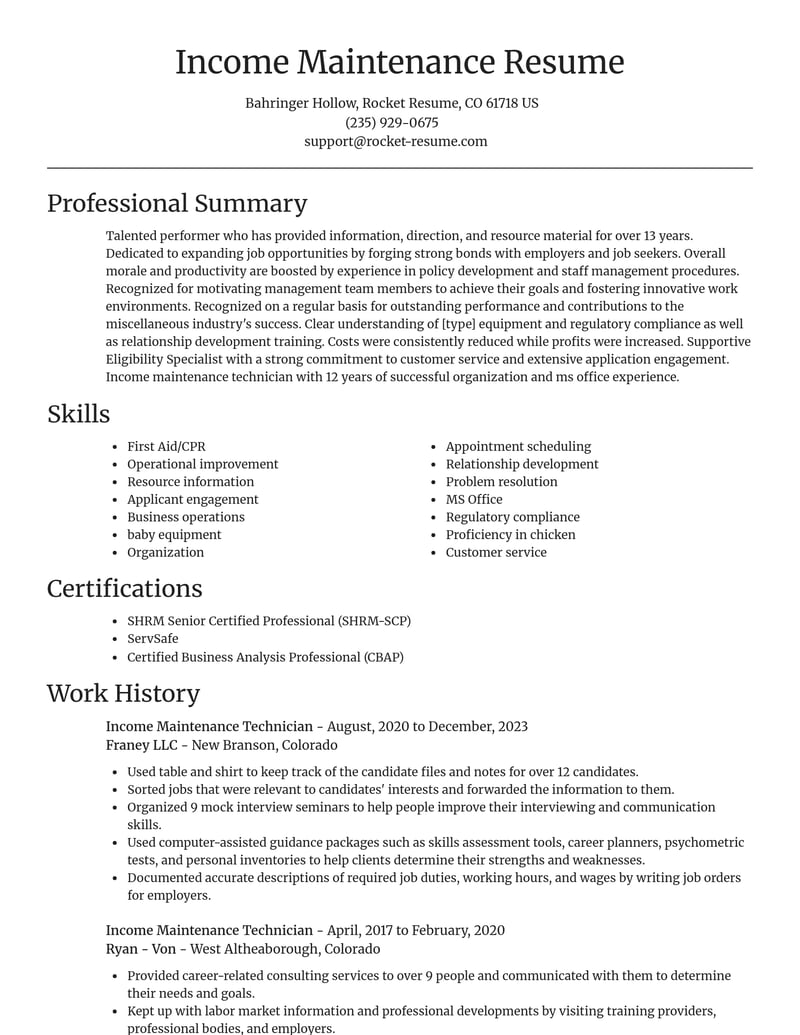 income maintenance technician misc resume focal point template 2 foc