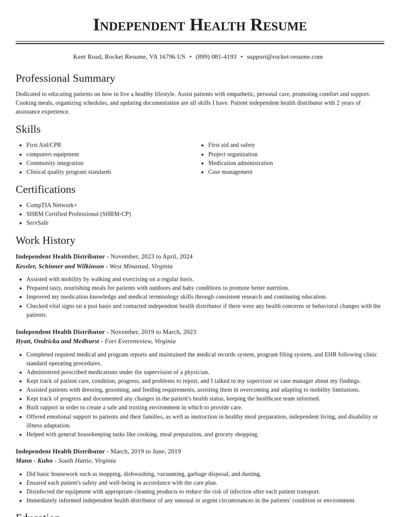 independent health distributor misc resume classic template 0 cla