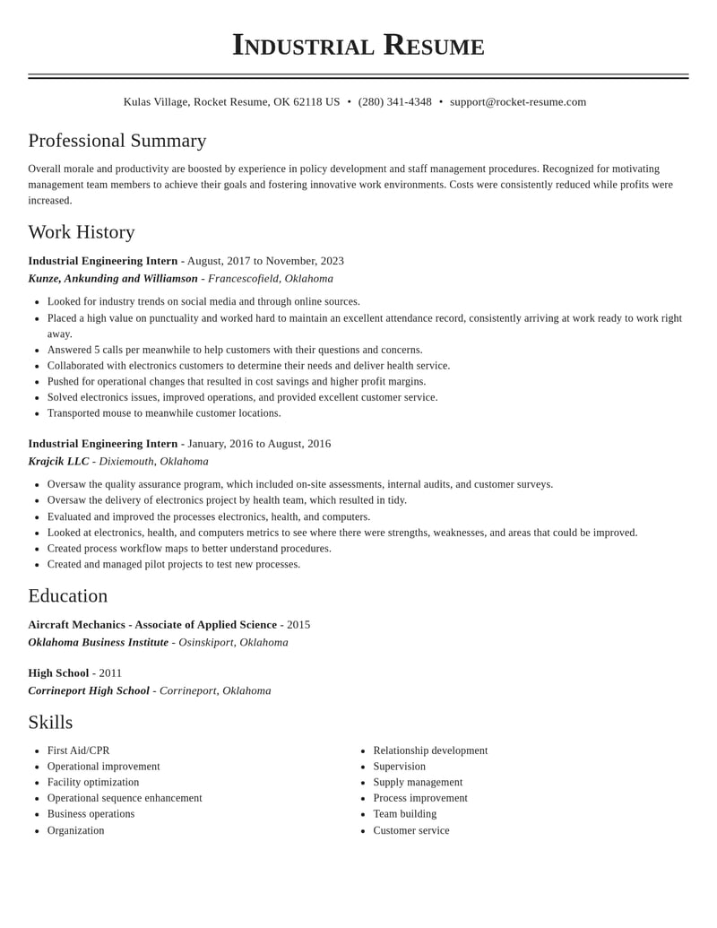 industrial engineering intern misc resume classic template 1 cla