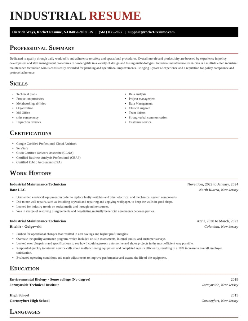 industrial maintenance technician misc resume exquisite template 2 exq