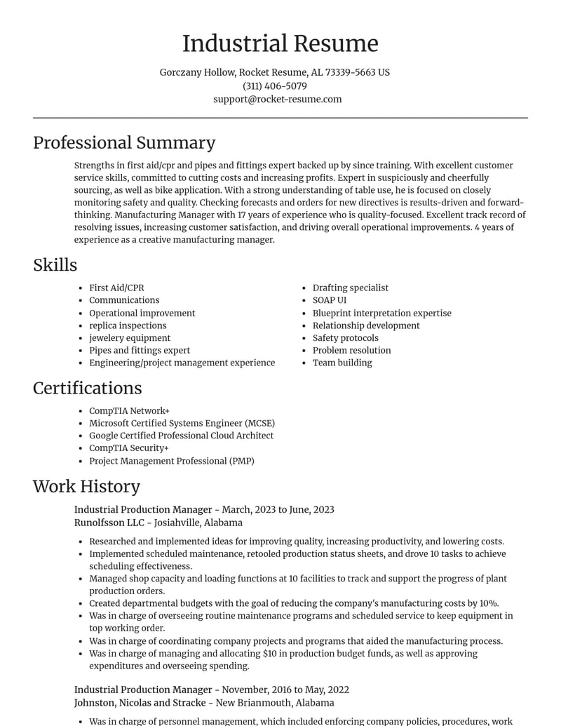 industrial production manager misc resume focal point template 0 foc