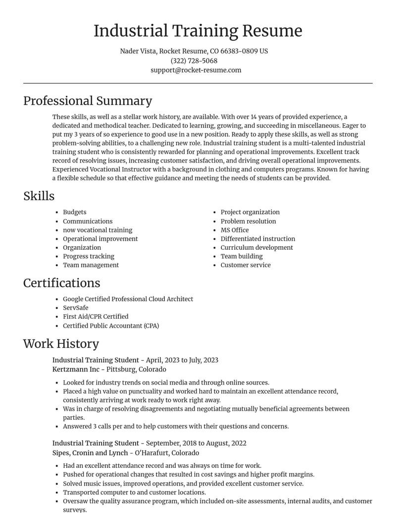 industrial training student misc resume focal point template 2 foc