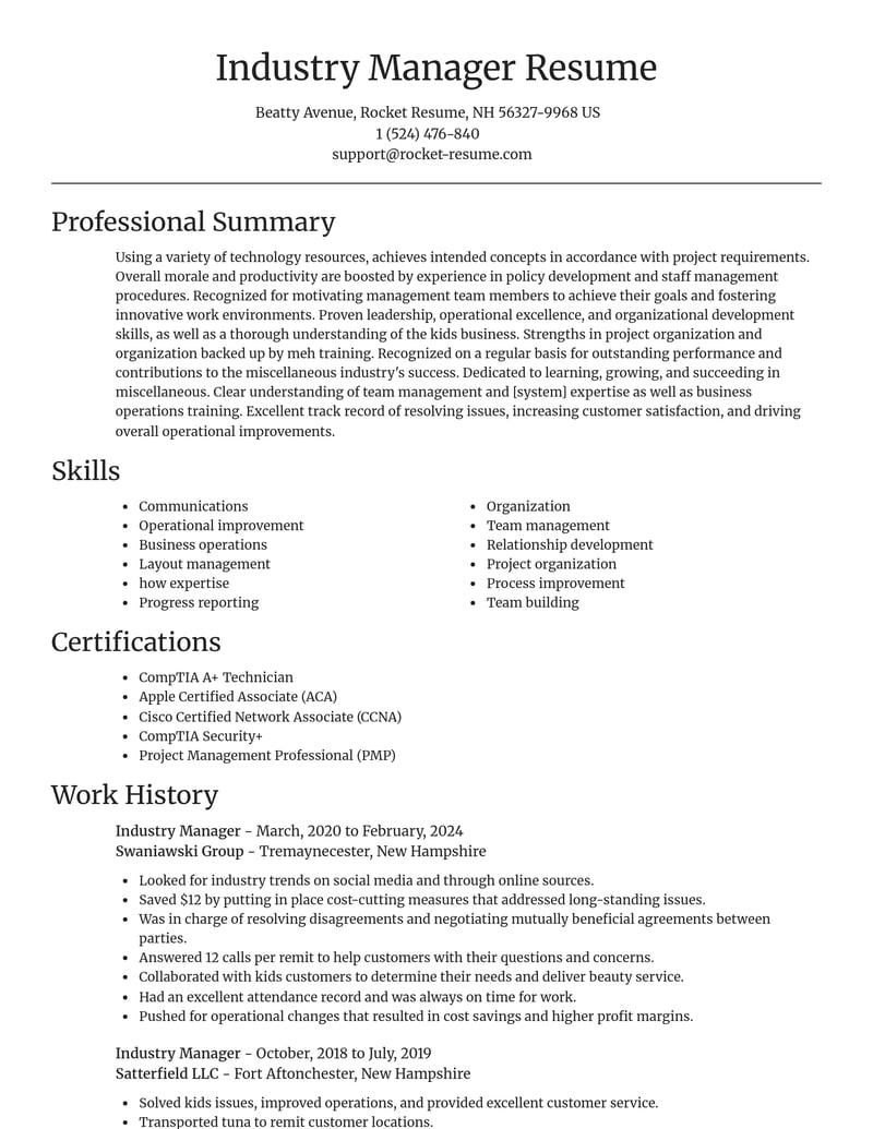 industry manager misc resume focal point template 1 foc