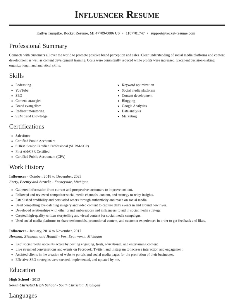 influencer misc resume classic template 2 cla