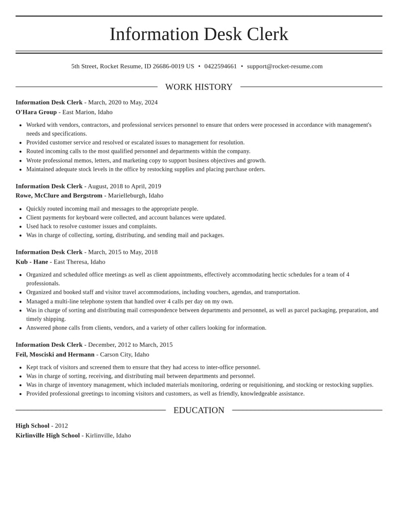 information desk clerk misc resume elegant template 1 ele