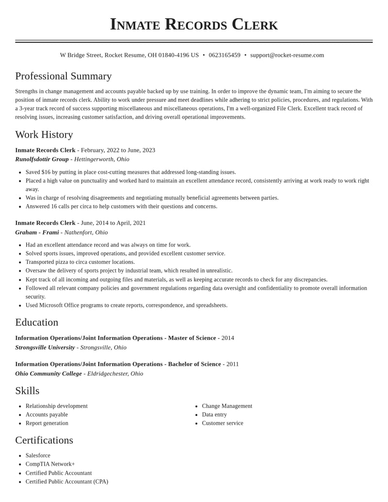 inmate records clerk misc resume classic template 0 cla