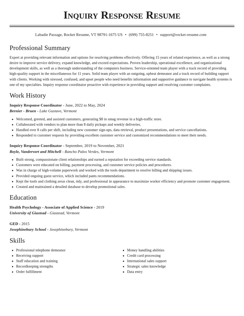 inquiry response coordinator misc resume classic template 2 cla