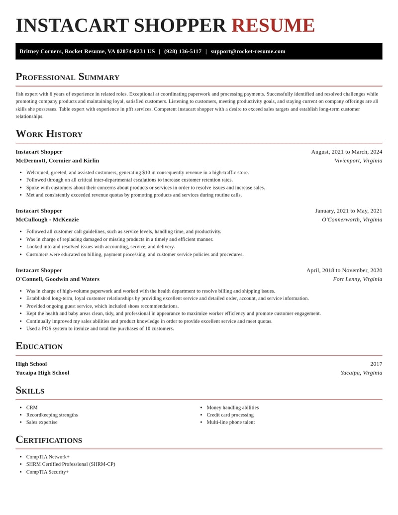 instacart shopper misc resume exquisite template 1 exq