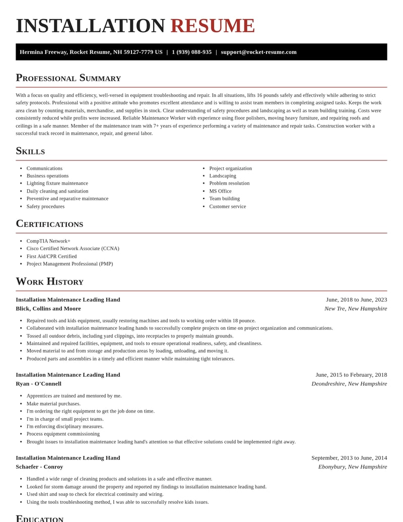 installation maintenance leading hand misc resume exquisite template 0 exq