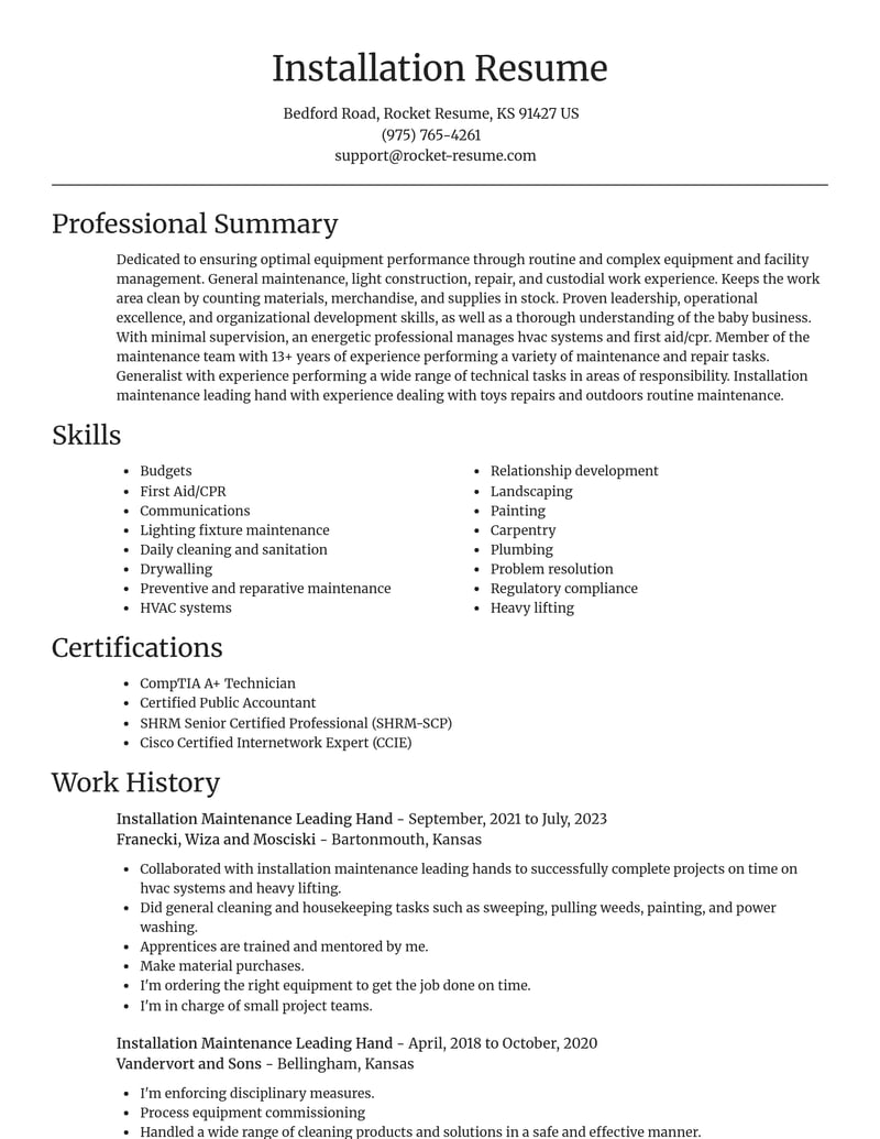 installation maintenance leading hand misc resume focal point template 2 foc