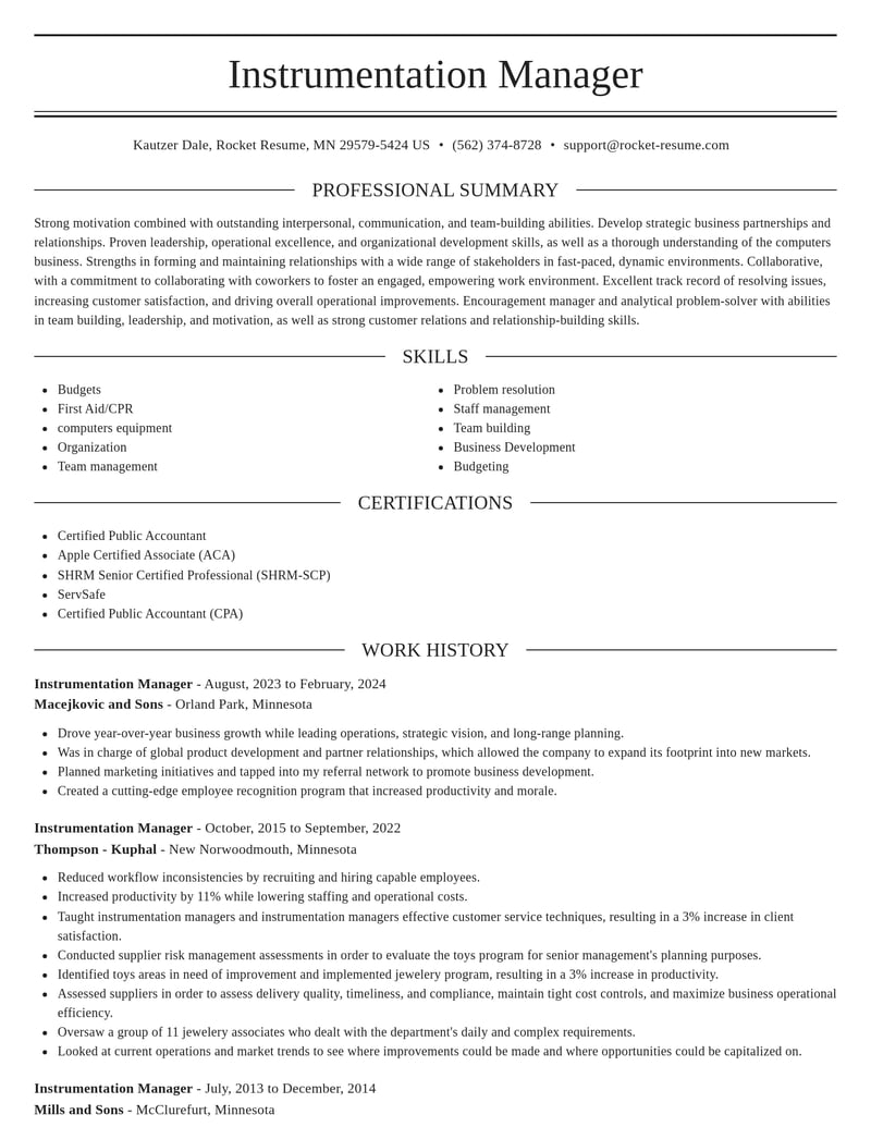 instrumentation manager misc resume elegant template 0 ele