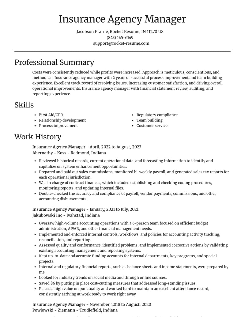 insurance agency manager misc resume focal point template 1 foc