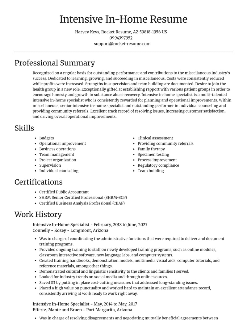intensive in home specialist misc resume focal point template 2 foc