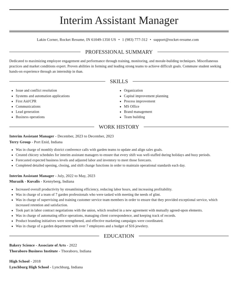interim assistant manager misc resume elegant template 2 ele
