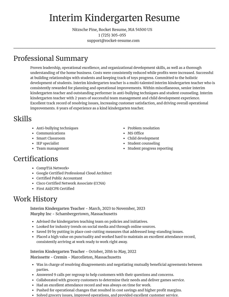 interim kindergarten teacher misc resume focal point template 2 foc
