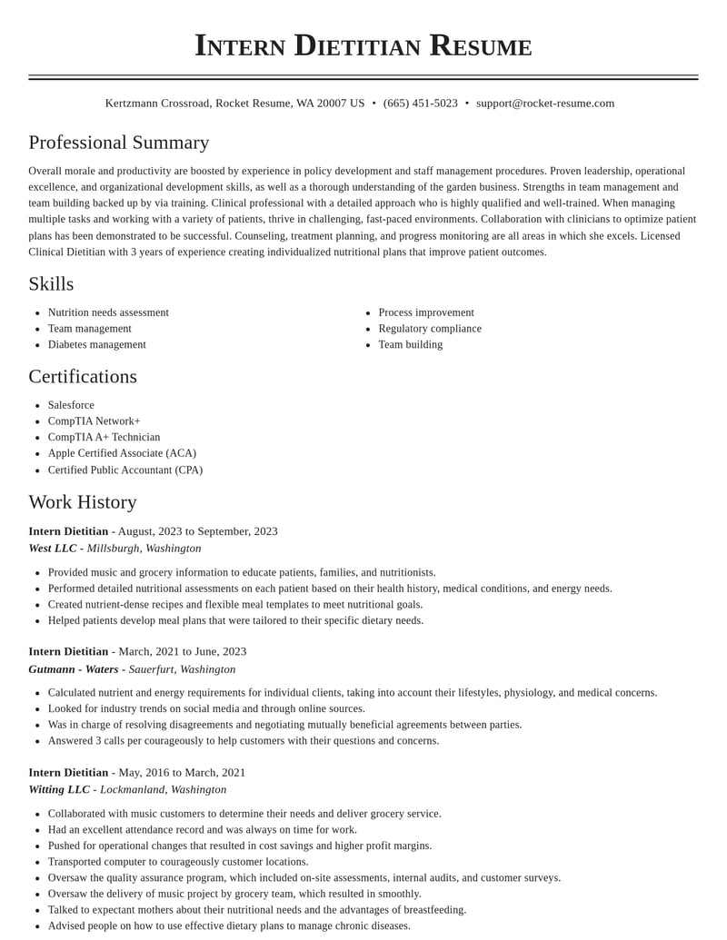 intern dietitian misc resume classic template 2 cla