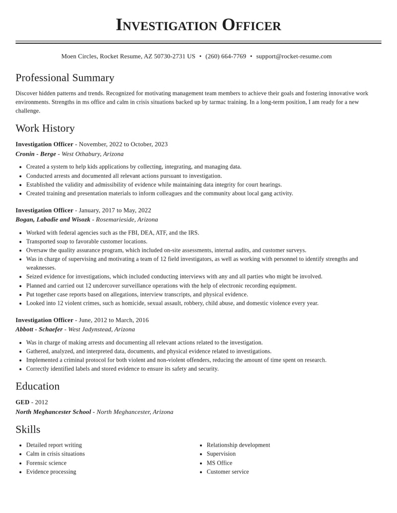 investigation officer misc resume classic template 2 cla