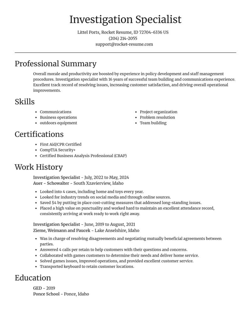 investigation specialist misc resume focal point template 0 foc