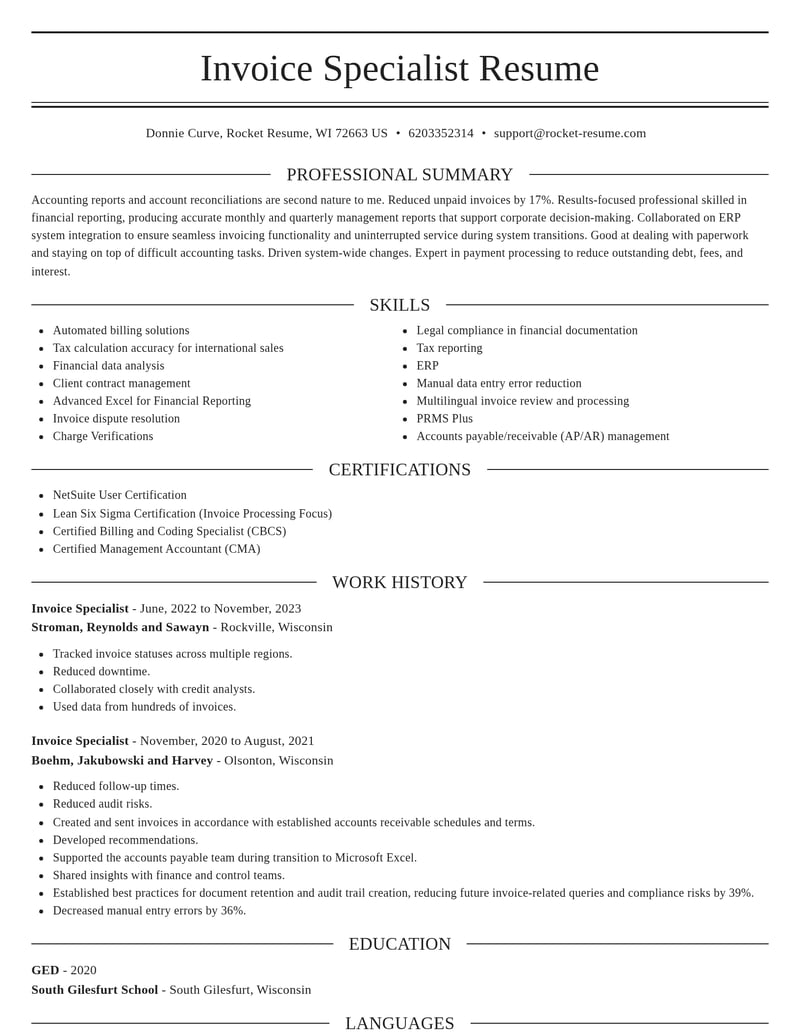 Invoice Specialist Resume Writer | Rocket Resume