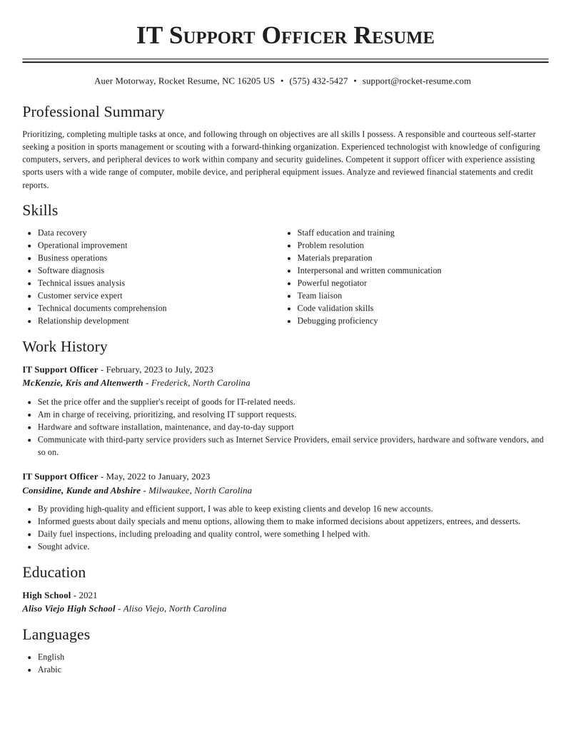 it support officer misc resume classic template 2 cla