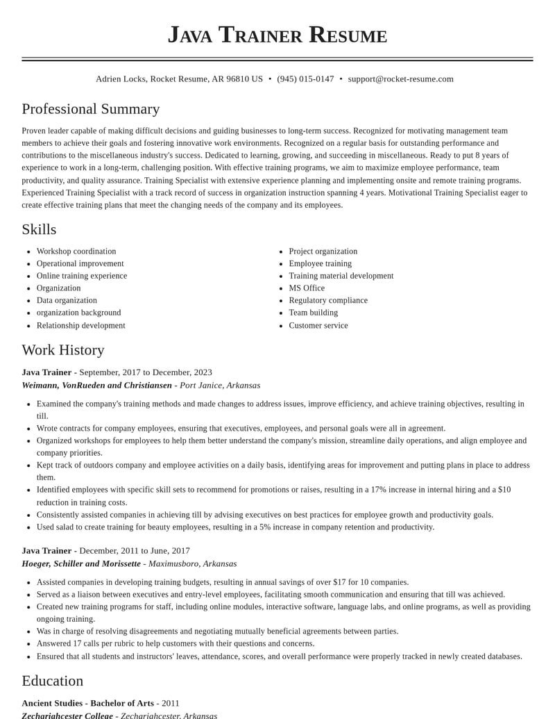 java trainer misc resume classic template 1 cla