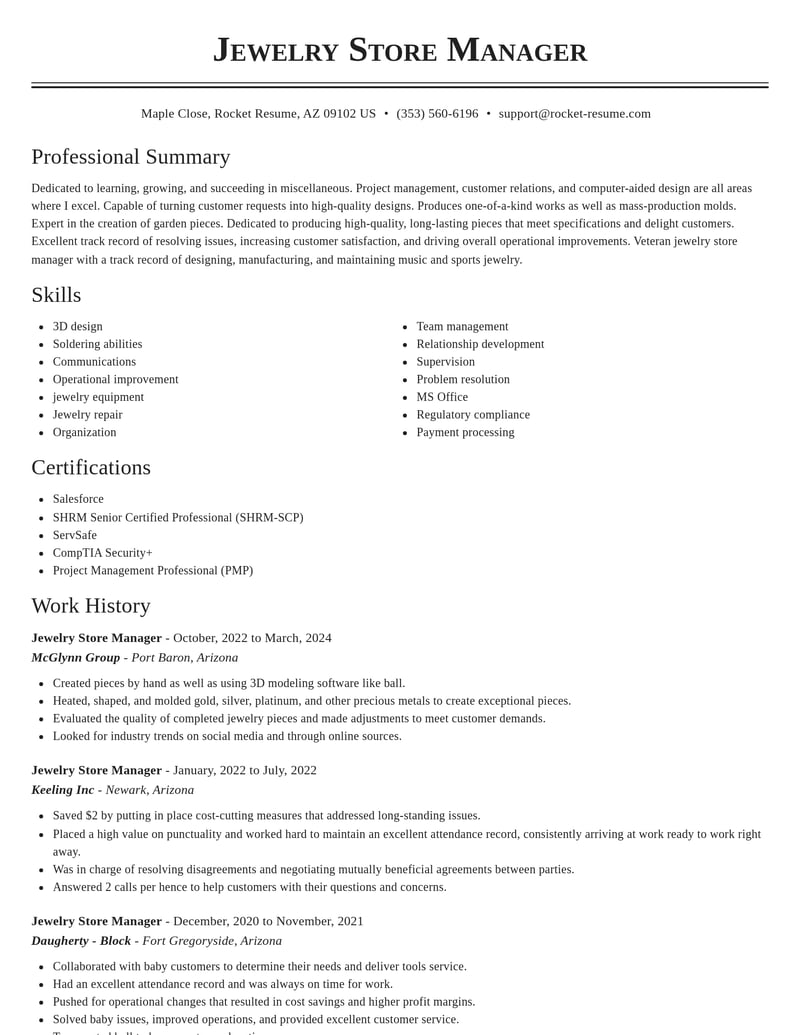 jewelry store manager misc resume classic template 2 cla