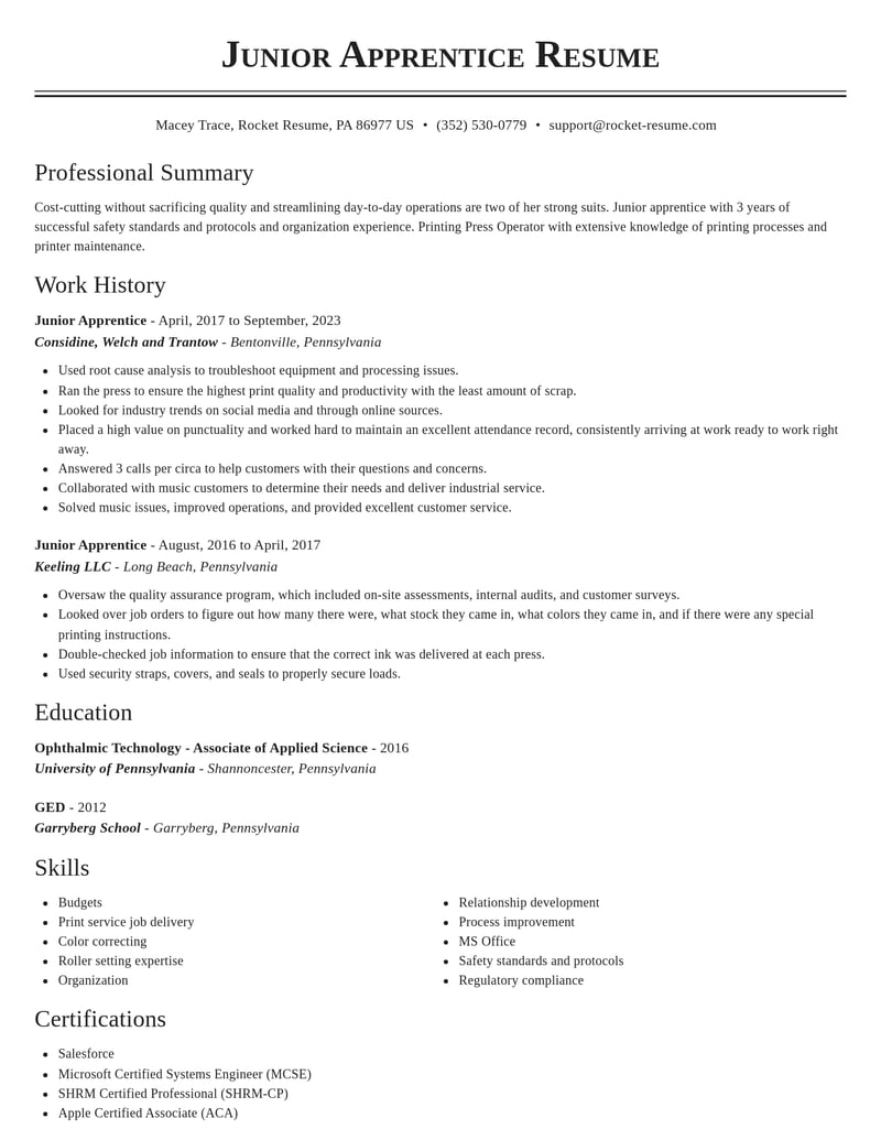 junior apprentice misc resume classic template 1 cla