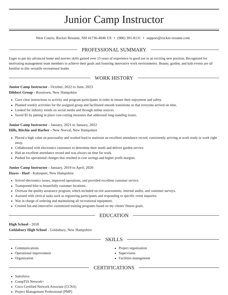 junior camp instructor misc resume elegant template 0 ele