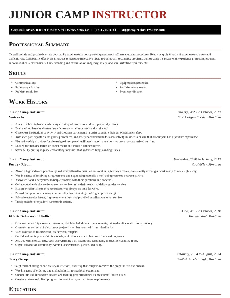 junior camp instructor misc resume exquisite template 1 exq