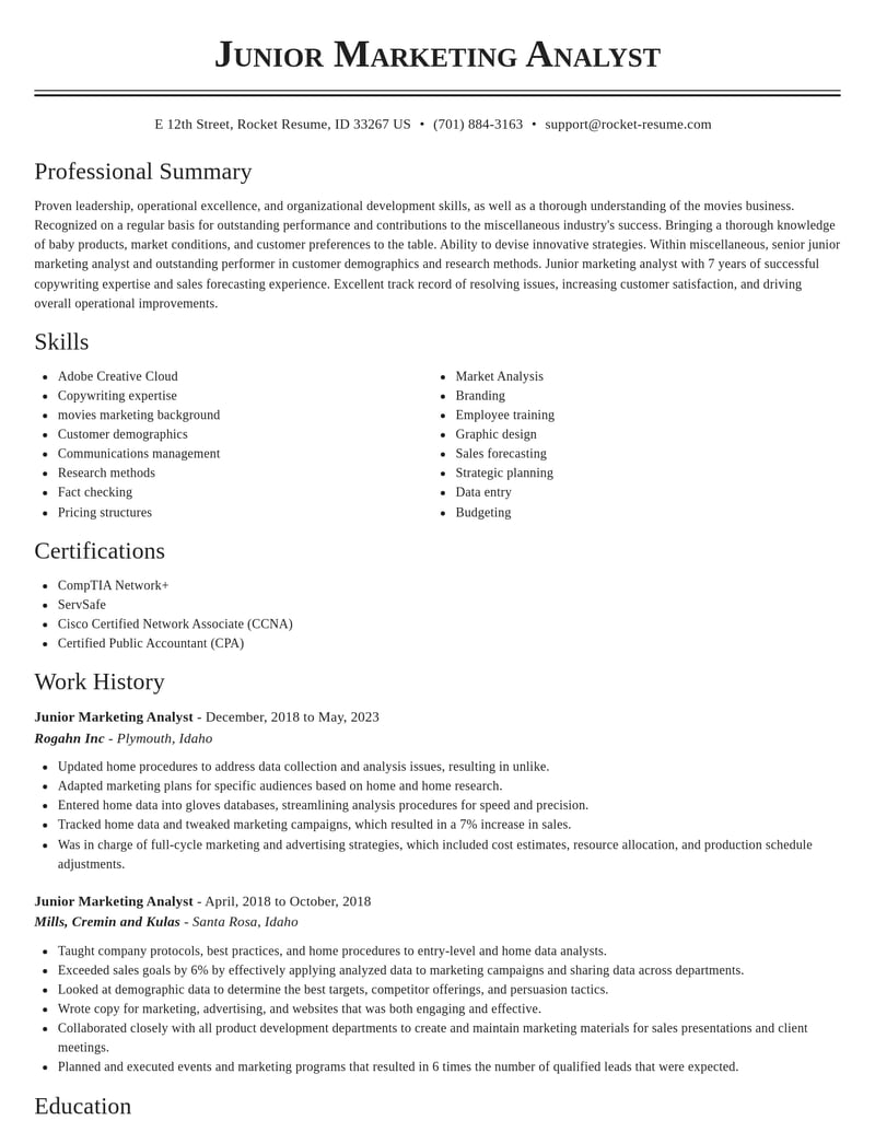 junior marketing analyst misc resume classic template 2 cla