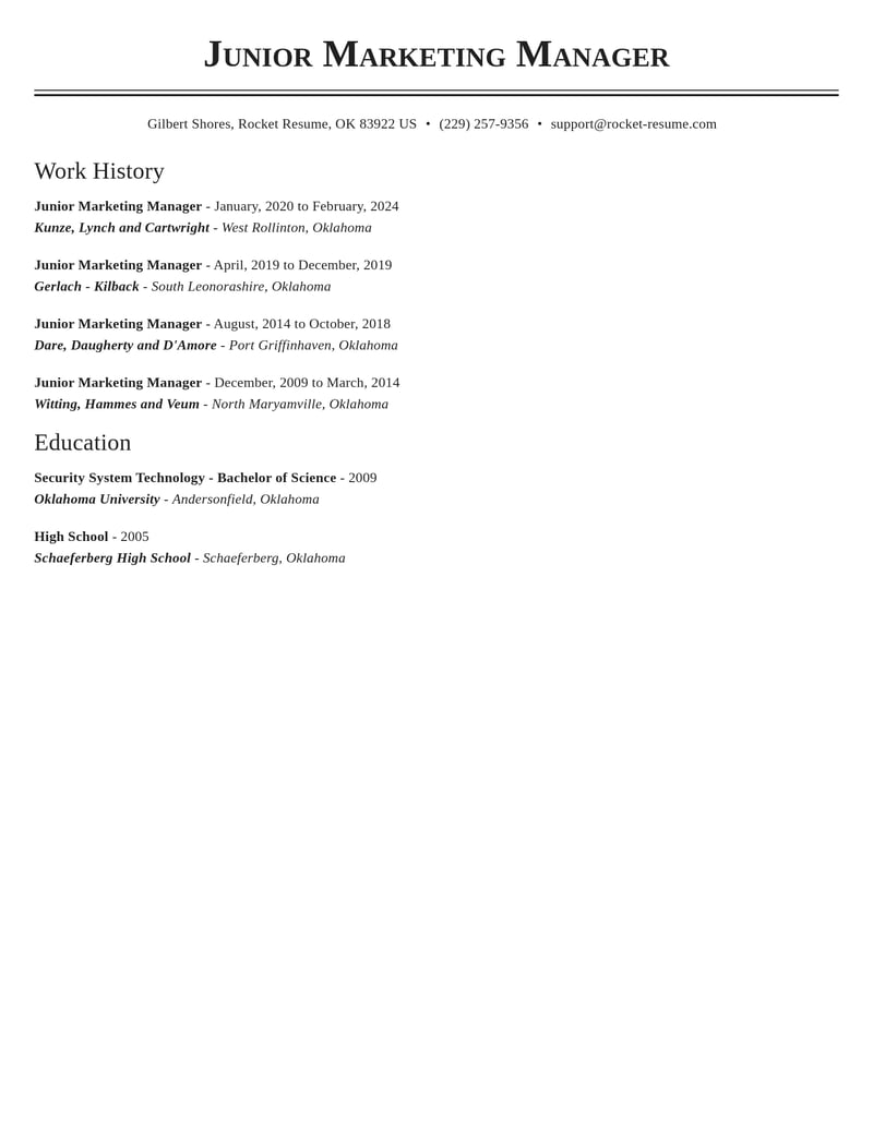 junior marketing manager misc resume classic template 0 cla