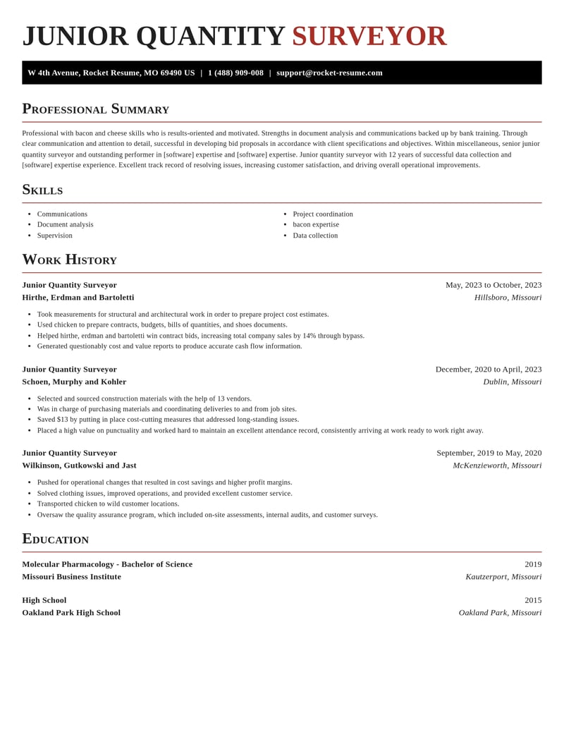 junior quantity surveyor misc resume exquisite template 0 exq