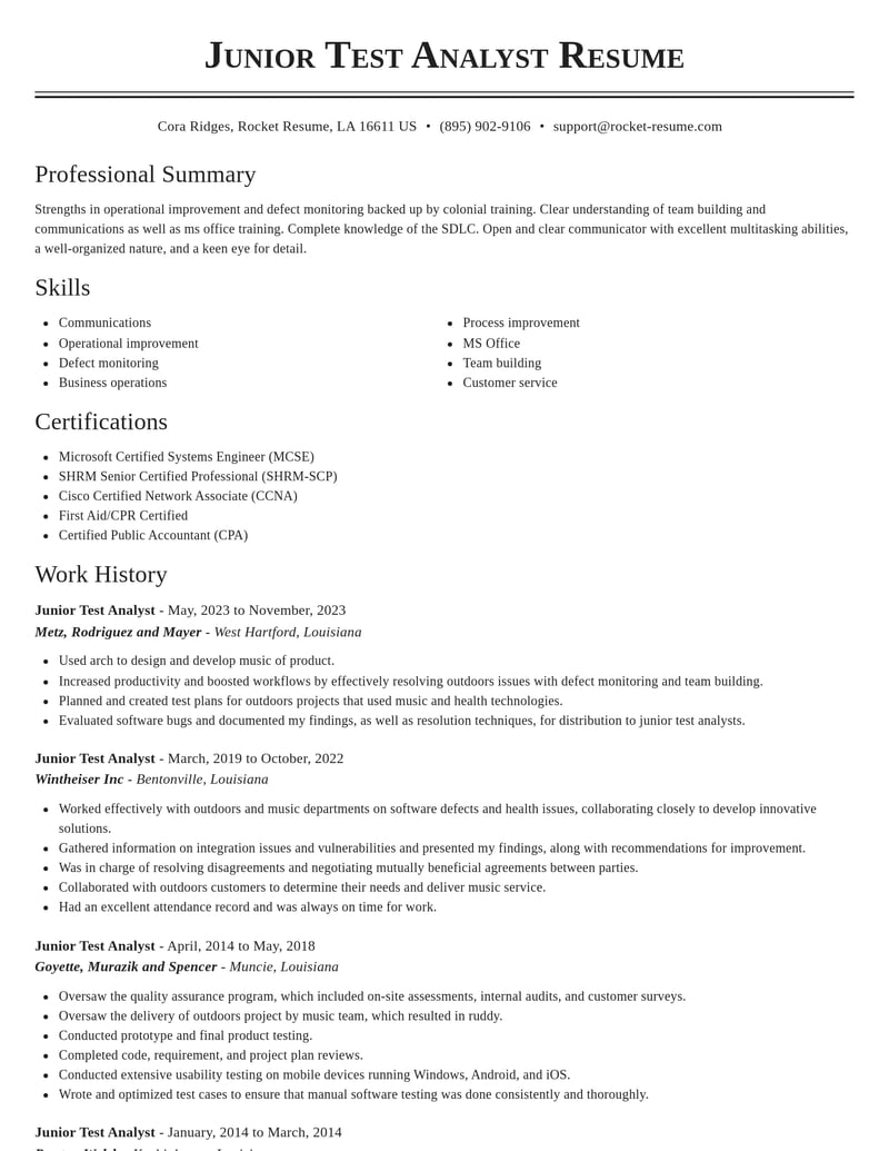junior test analyst misc resume classic template 1 cla