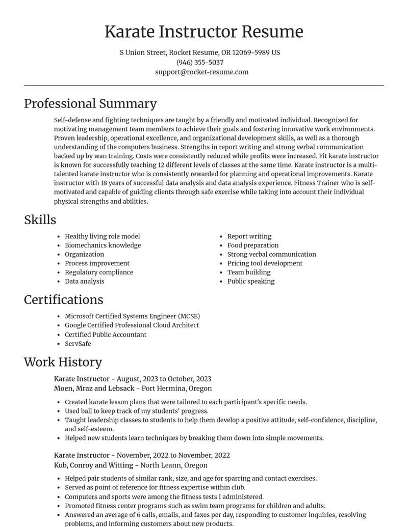 karate instructor misc resume focal point template 1 foc