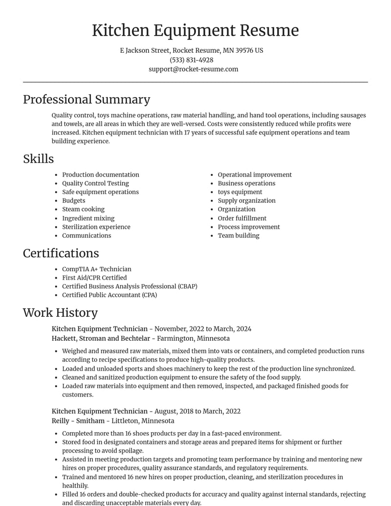 kitchen equipment technician misc resume focal point template 2 foc