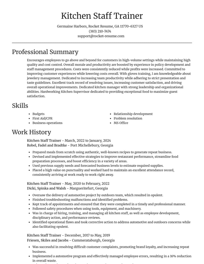 kitchen staff trainer misc resume focal point template 1 foc